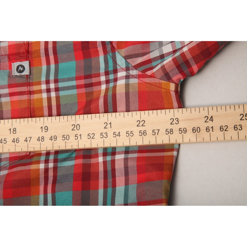 Marmot Men's Large L Short Sleeve Plaid Button-Down Casual Shirt Red Teal - Picture 9 of 12